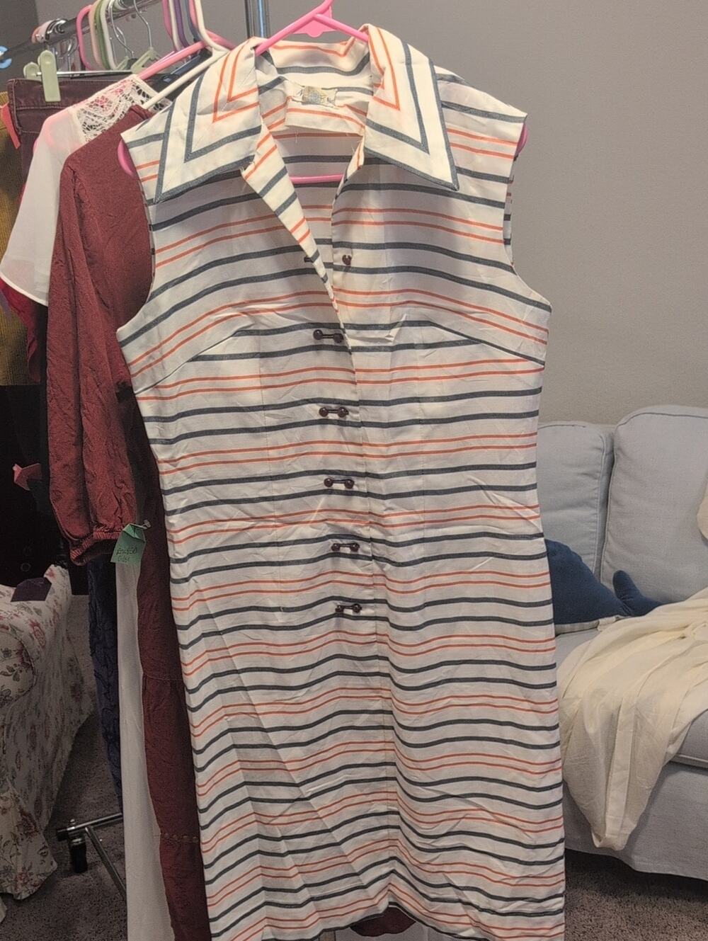 Vintage 1960-70 Striped Button-Front Dress in White, Navy & Coral